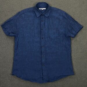 Mr Turk 100% Linen Shirt Mens Large Slim Fit Blue Button Up Short Sleeve Resort